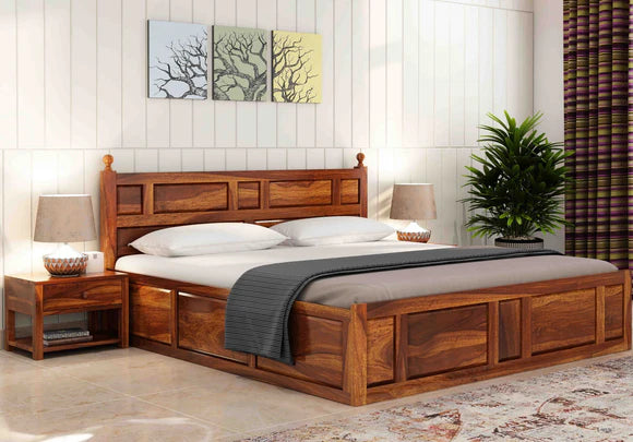Solid Sheesham Wood King Size Bed with Storage for Modern Bedroom