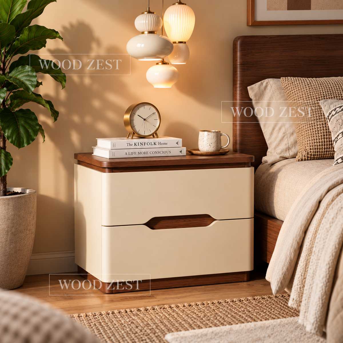 Cream & Walnut 2 Drawer Wooden Bedside Table with Modern Design
