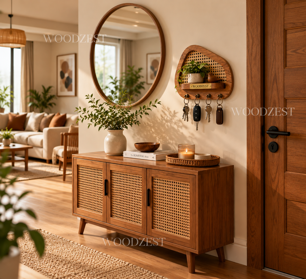 Wooden Cane Key Holder with Shelf & 4 Hooks