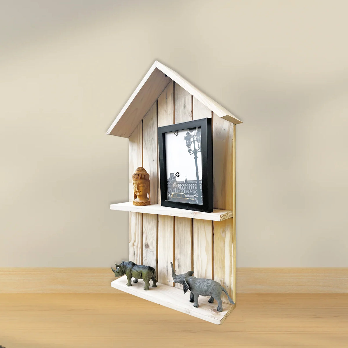 WOODZEST House Shaped Wooden Wall Shelf with 2 Tiers