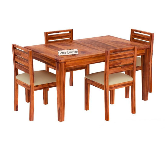 4 Seater Wooden Dining Table with Cushioned Chairs | Natural Wood Finish