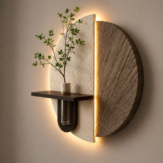 Modern LED Wall Shelf with Vase Holder | Decorative Wooden Wall Decor Shelf