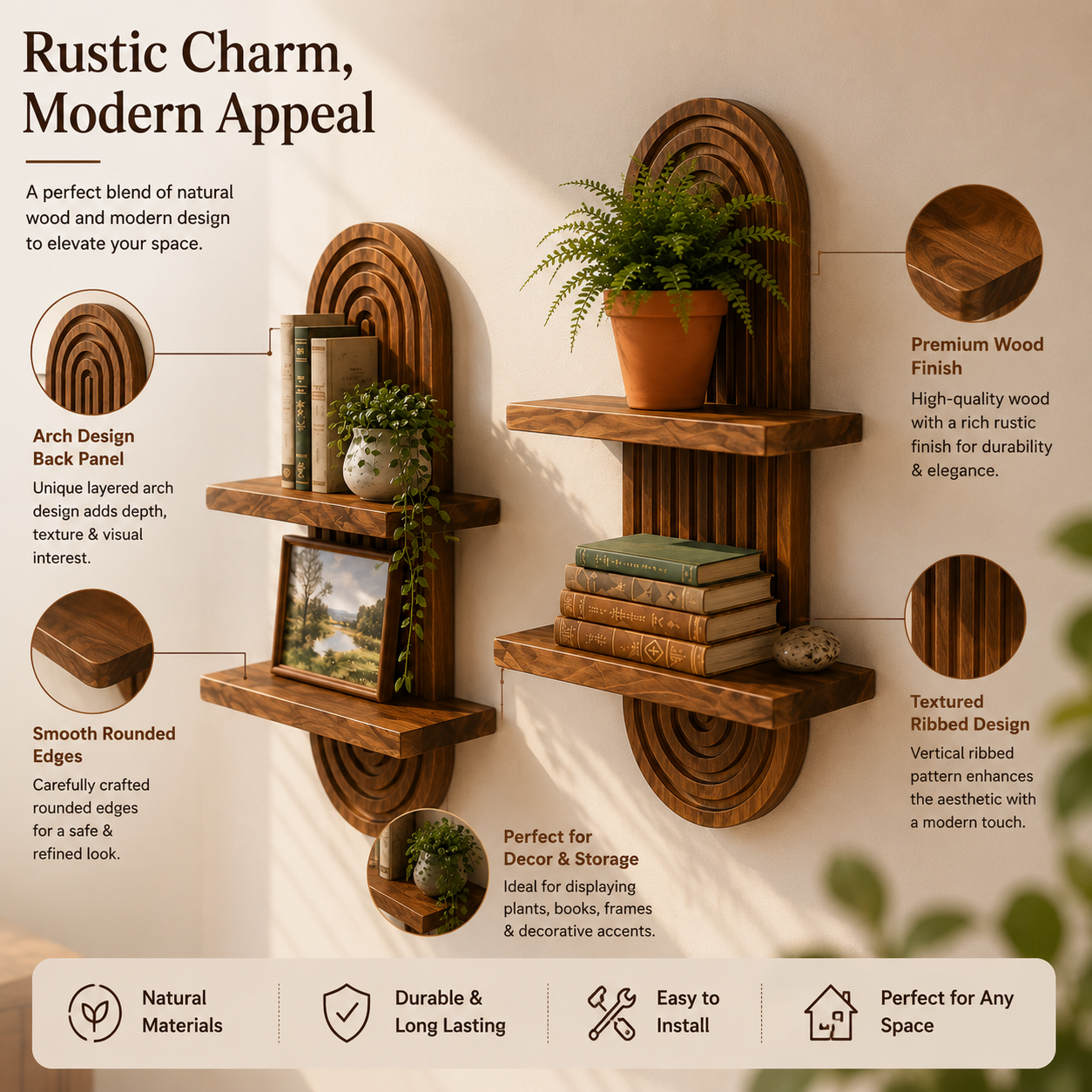 Modern Wooden Wall Shelf with Plant Holder | Decorative Floating Display Shelf