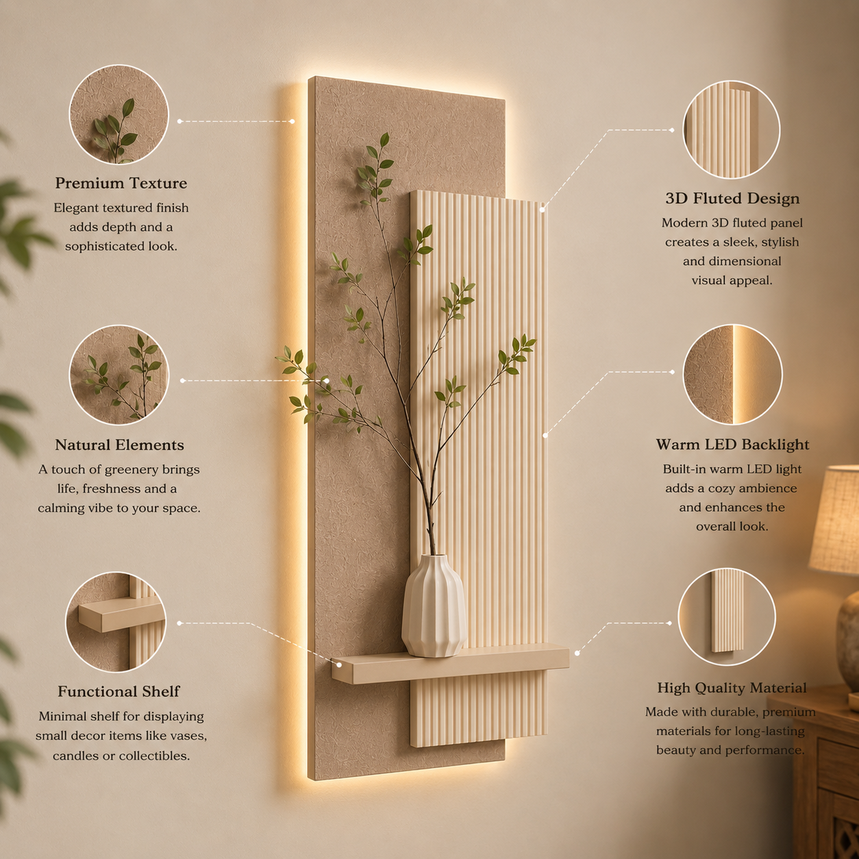 Modern LED Wall Art Panel with Shelf | Fluted Decorative Wall Decor