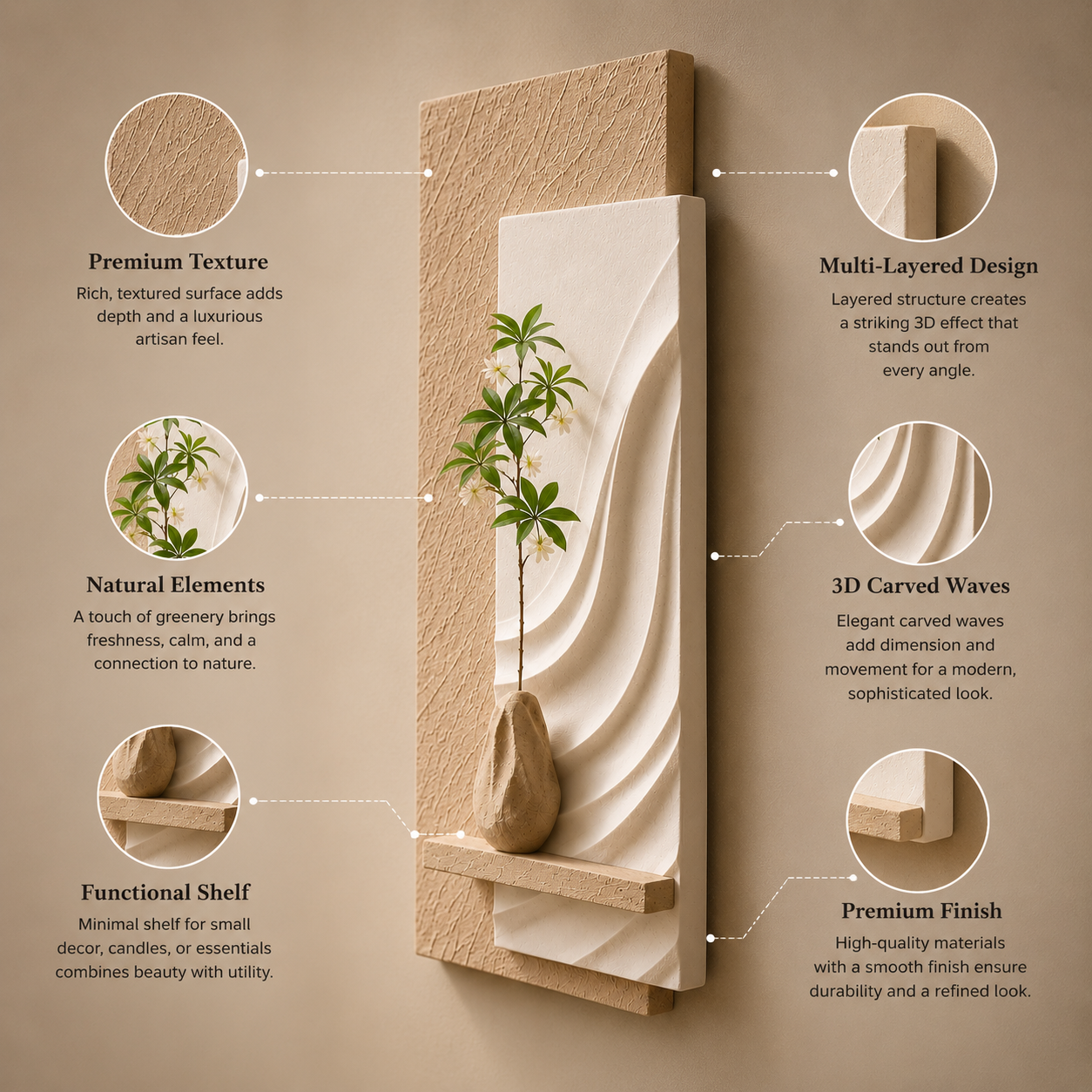 Modern 3D Textured Wall Art Panel with Display Shelf | Decorative Wall Decor