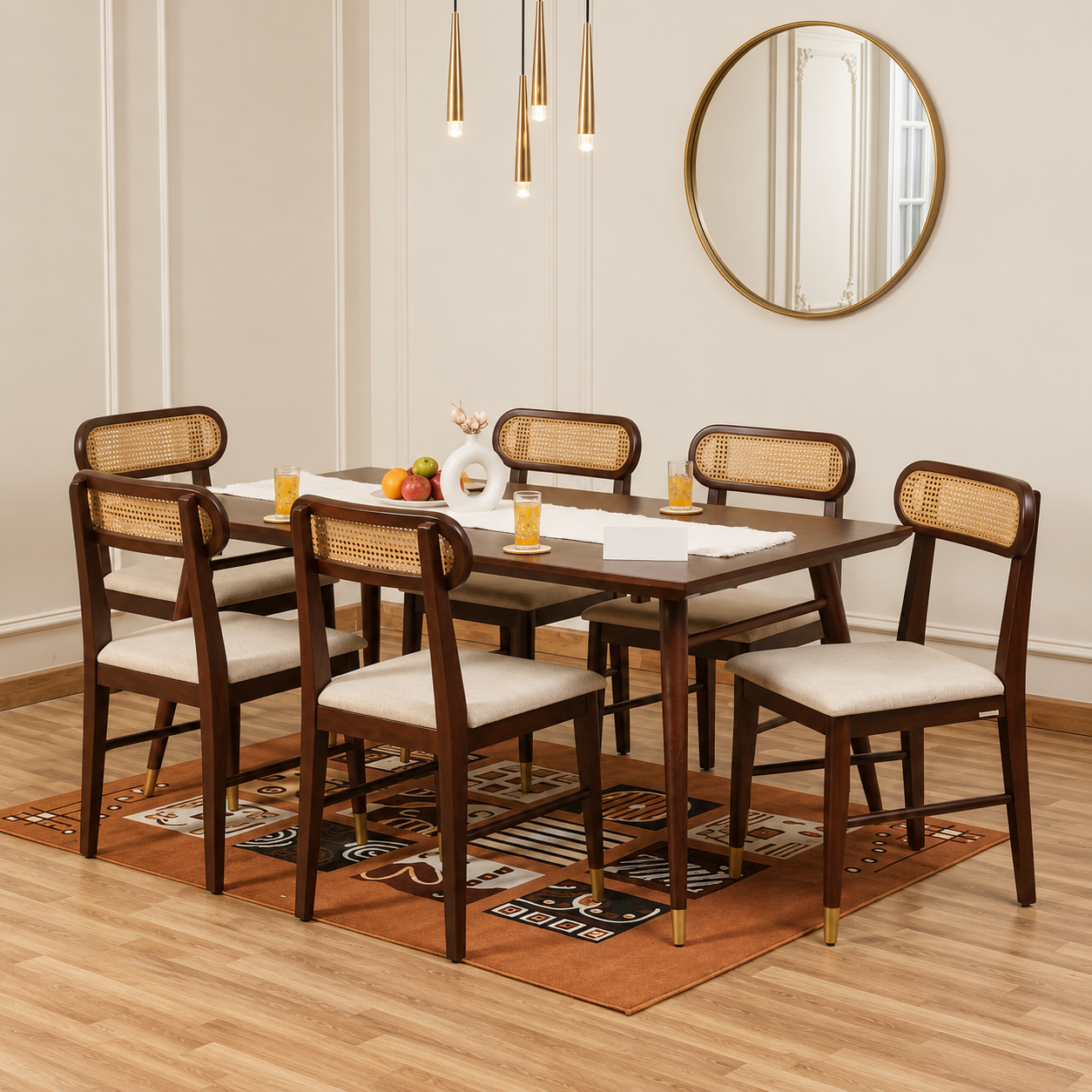 Solid Sheesham Wood 6 Seater Dining Table Set with Cane Back Chairs