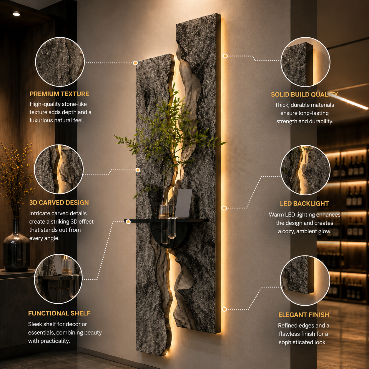 Luxury LED Wall Art Panel with Shelf | Modern 3D Decorative Wall Decor