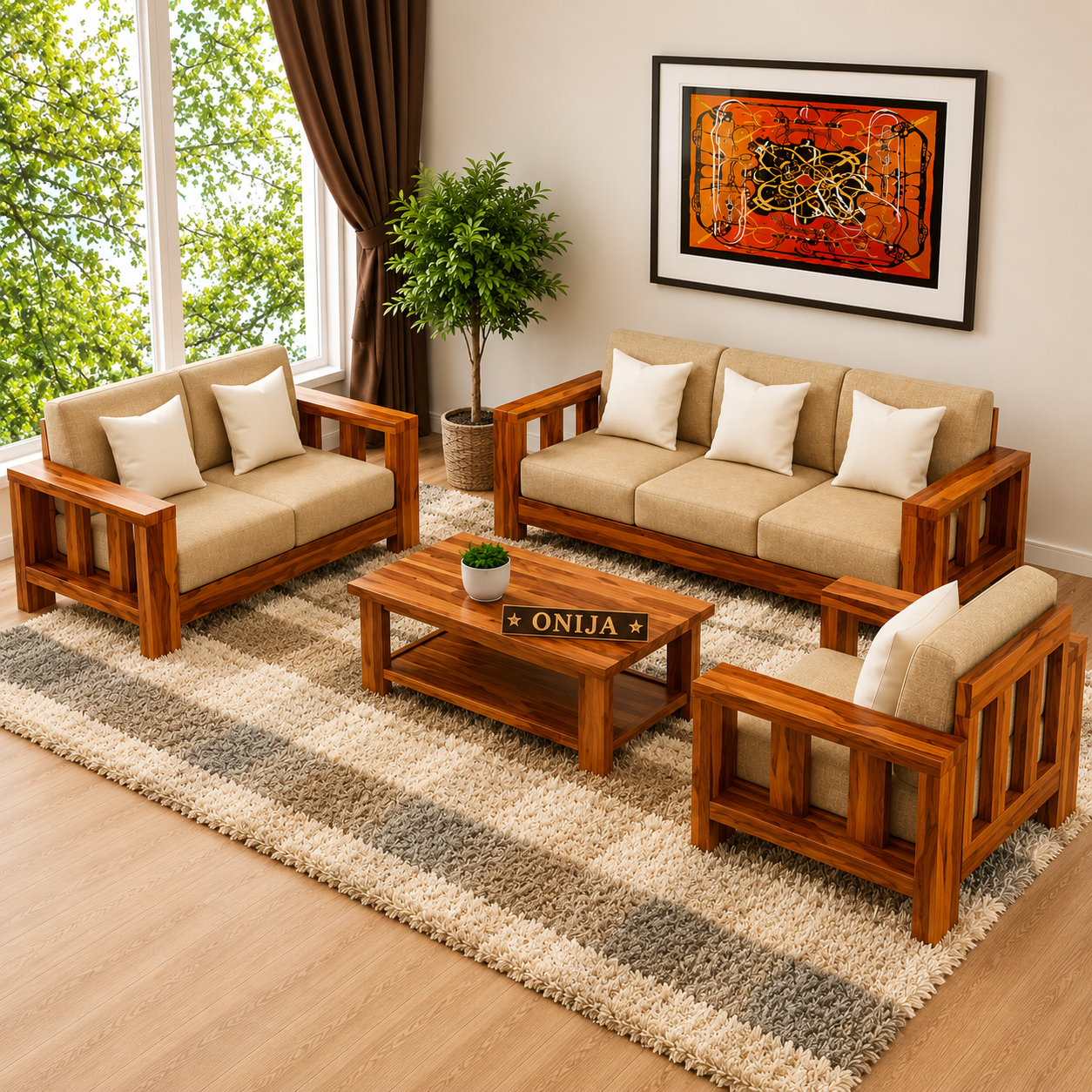 Solid Sheesham Wood 5 Seater Sofa Set with Center Table for Living Room