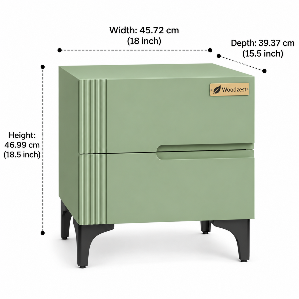 Modern Sage Green Bedside Table with 2 Drawers & Fluted Design