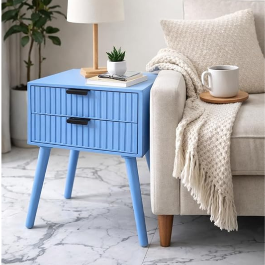 Woodzest Modern Blue Bedside Table with 2 Drawers | Wooden Nightstand for Bedroom | Contemporary Side Table with Storage