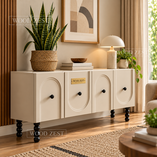 Cream 4 Door Wooden Sideboard Cabinet with Arched Door Design