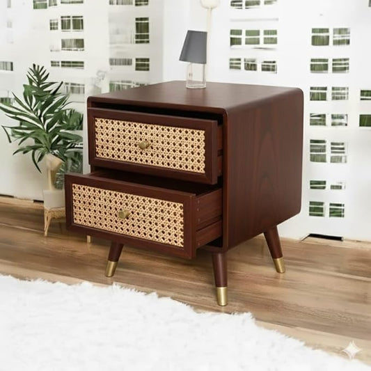 Woodzest Cane Bedside Table with 2 Drawers – Walnut Finish