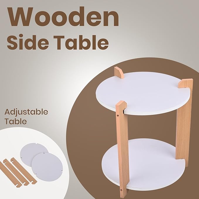 Woodzest Modern Round Bedside Table with Open Shelf | White & Natural Wood Finish
