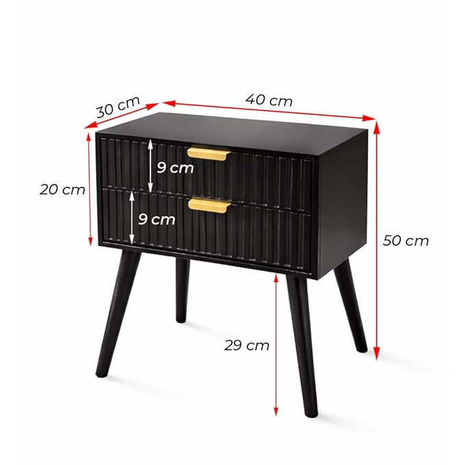 Woodzest Modern Black Bedside Table with 2 Drawers | Contemporary Nightstand with Gold Handles