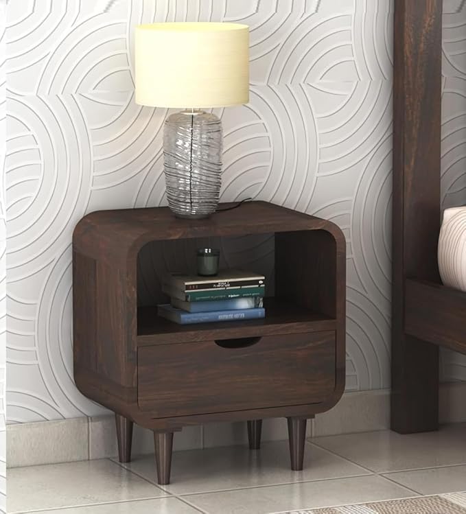 Woodzest Modern Wooden Bedside Table with Drawer & Open Shelf | Walnut Finish Nightstand