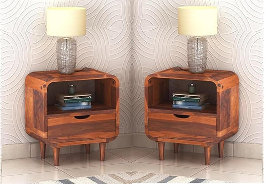 Woodzest Solid Wood Bedside Table with Drawer & Open Shelf | Sheesham Finish Nightstand