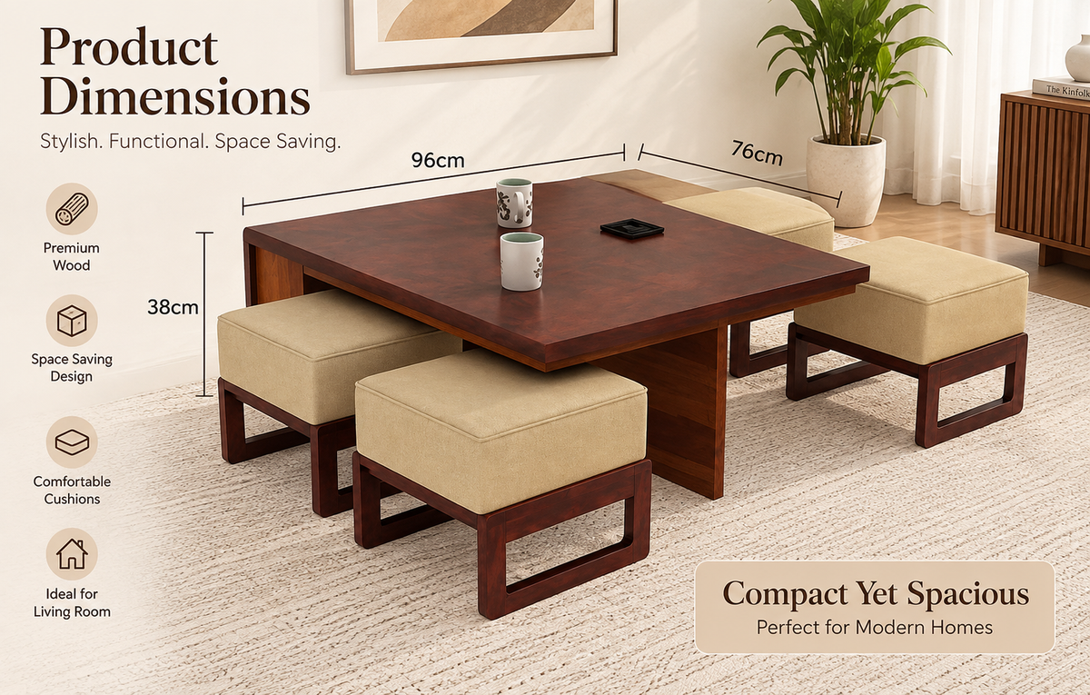 Brown Wooden Coffee Table with 2 Stools & Storage Shelves