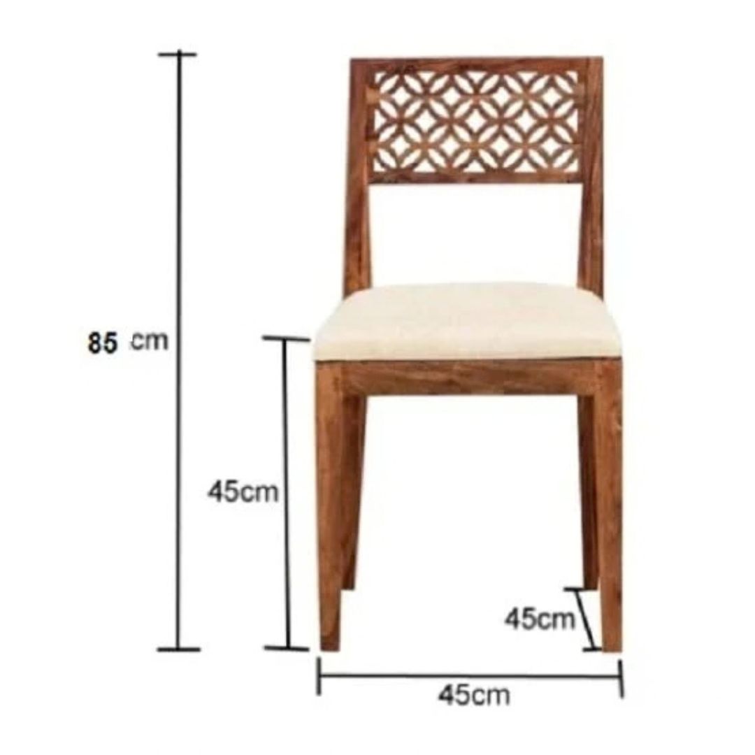A wooden dining chair with a cream upholstered seat and a geometric lattice backrest, shown with dimension lines and labels indicating 85 cm height and 45 cm width and leg depth.
