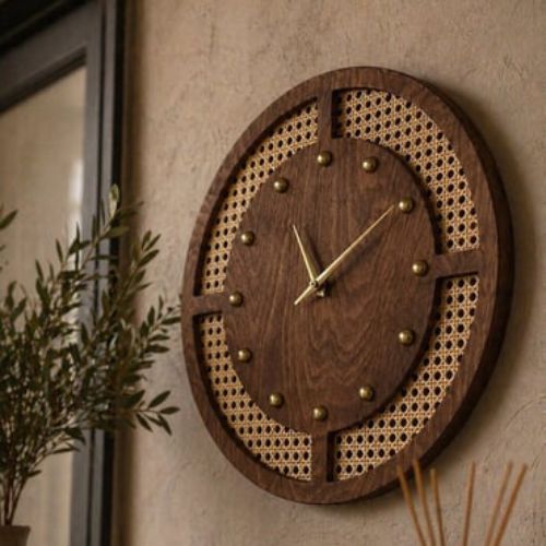 Arched Cane Wooden Wall Clock – Natural Wood Finish