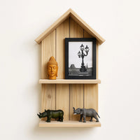 WOODZEST House Shaped Wooden Wall Shelf with 2 Tiers