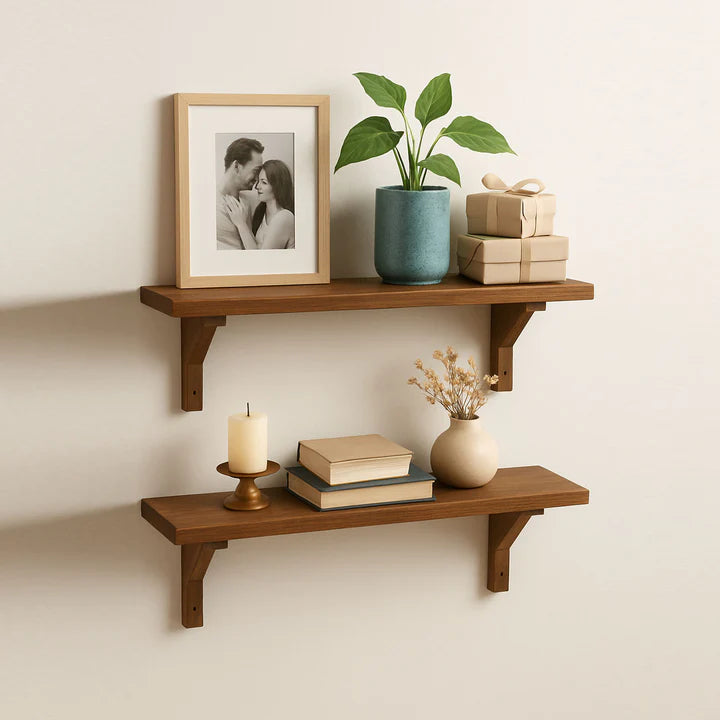 Modern Lightweight Wooden Floating Wall Shelf Set – 2 Tier Decorative Storage Shelves