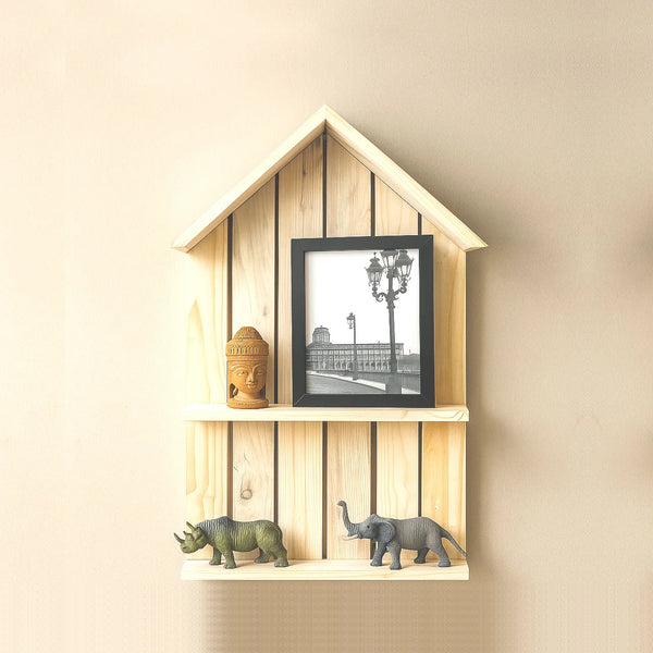 WOODZEST House Shaped Wooden Wall Shelf with 2 Tiers