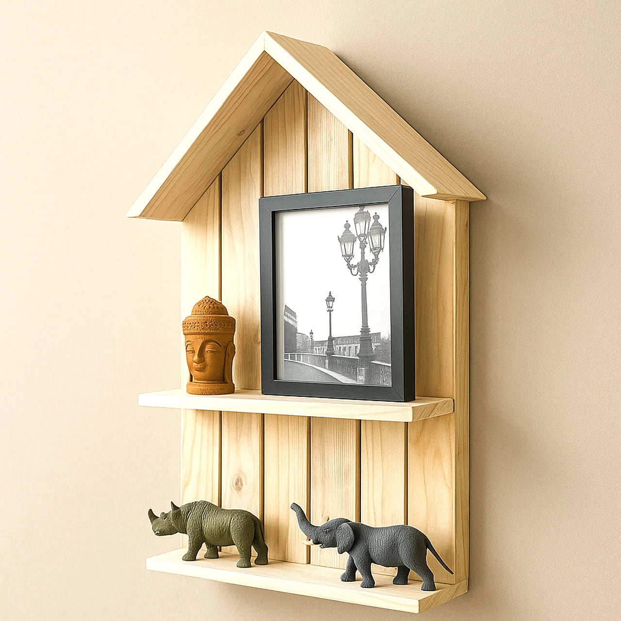WOODZEST House Shaped Wooden Wall Shelf with 2 Tiers