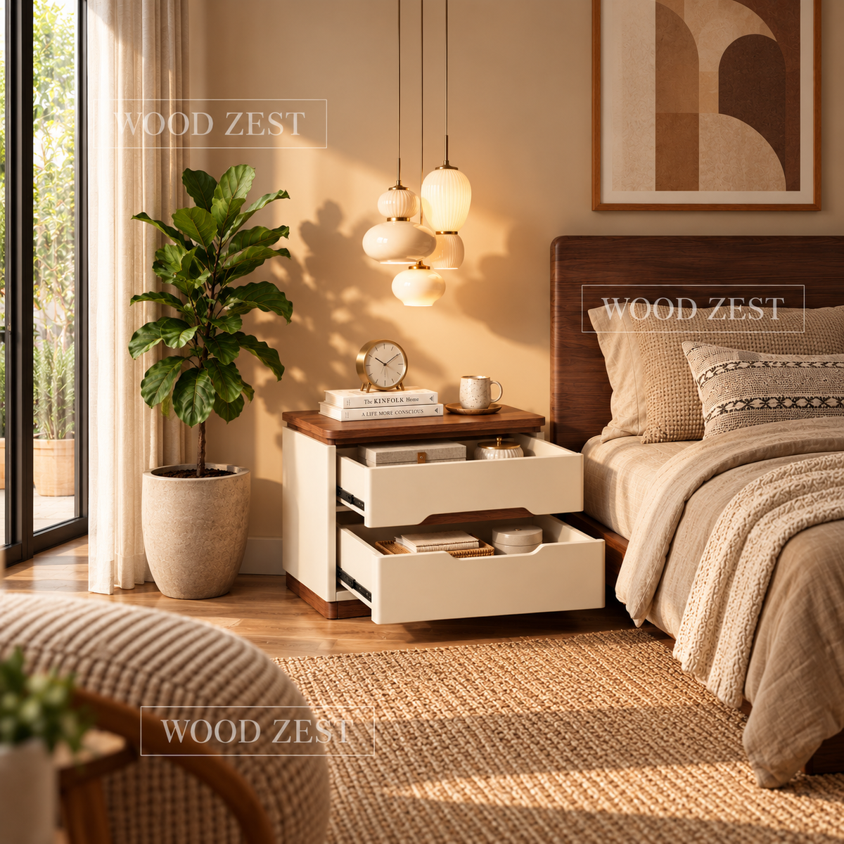 Cream & Walnut 2 Drawer Wooden Bedside Table with Modern Design