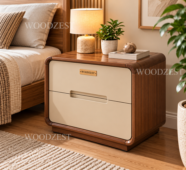 Modern Walnut & Cream 2 Drawer Bedside Table