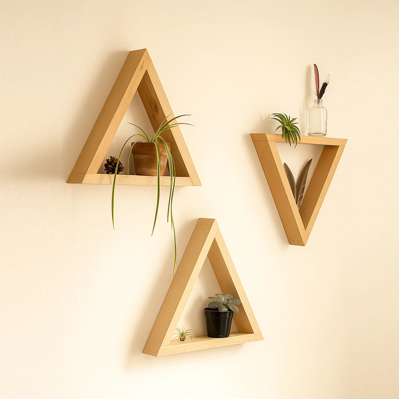 Modern Lightweight Wooden Triangle Wall Shelf Set – Geometric Floating Display Shelves