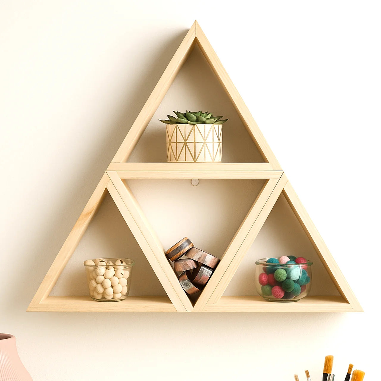 Modern Lightweight Wooden Triangle Wall Shelf Set – Geometric Floating Display Shelves