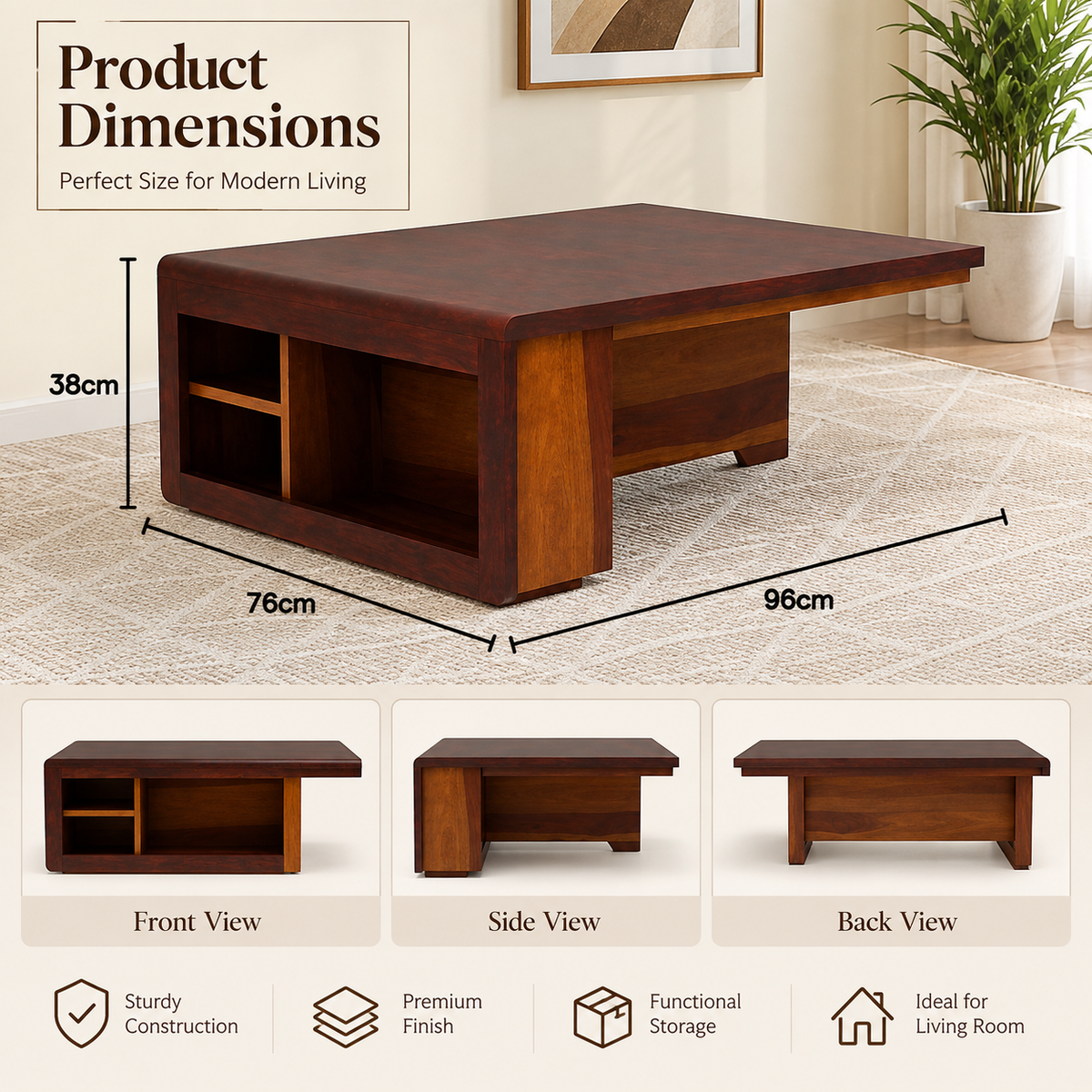 Brown Wooden Coffee Table with 2 Stools & Storage Shelves