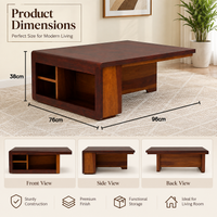 Brown Wooden Coffee Table with 2 Stools & Storage Shelves