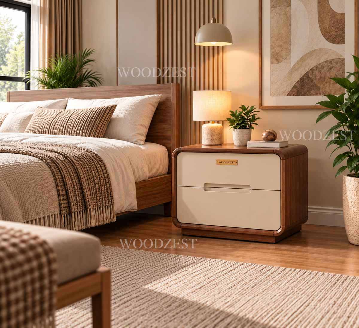 Modern Walnut & Cream 2 Drawer Bedside Table