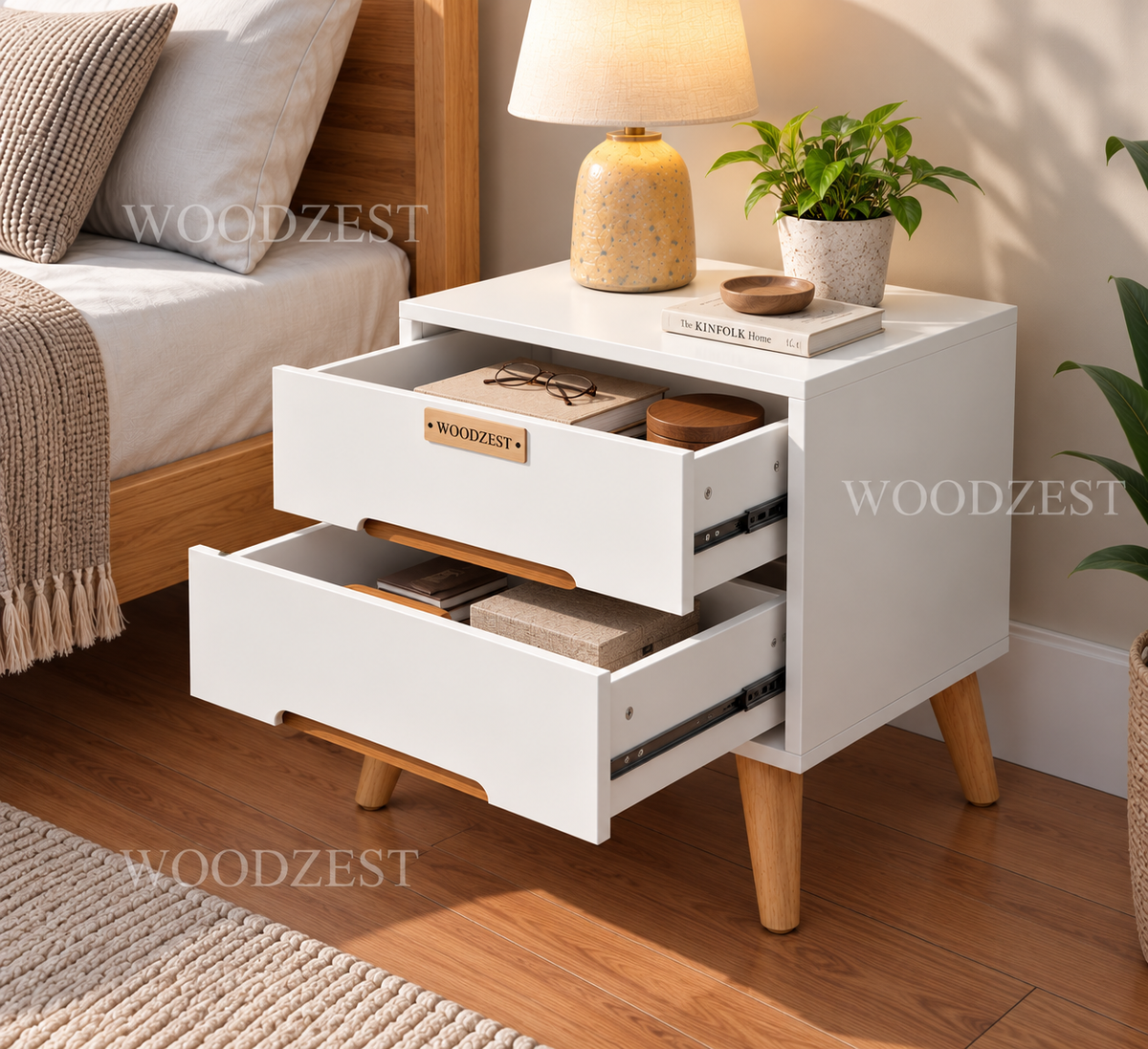Modern White 2 Drawer Bedside Table with Wooden Legs