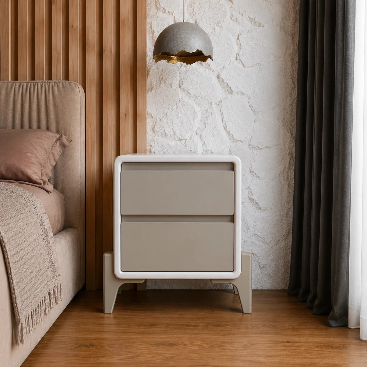 Modern White Bedside Table with Grey Drawers & Curved Legs