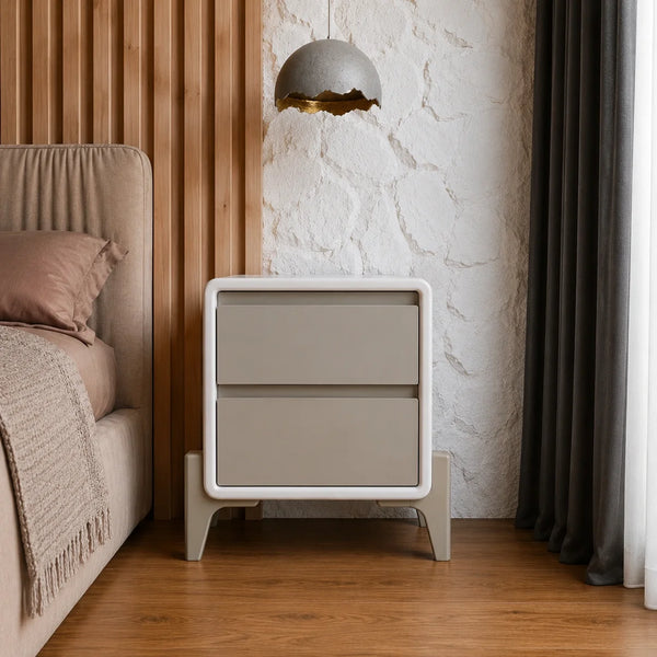 Modern White Bedside Table with Grey Drawers & Curved Legs