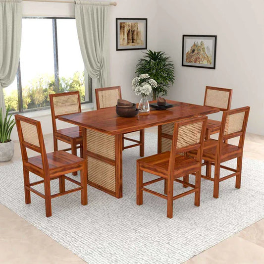 Solid Sheesham Wood 6 Seater Dining Table Set with Cane Chairs