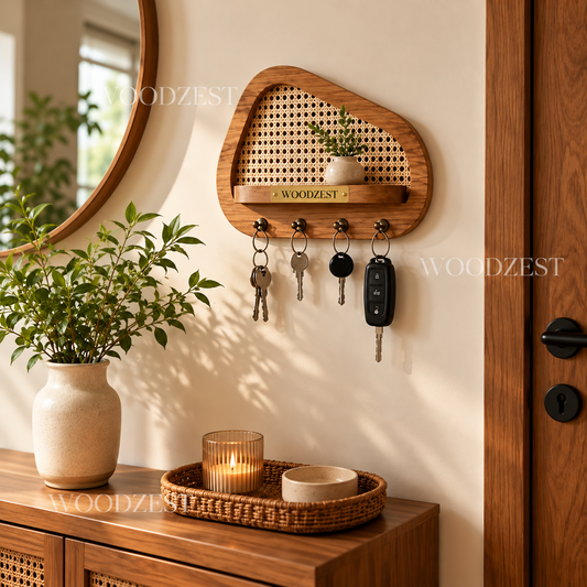 Wooden Cane Key Holder with Shelf & 4 Hooks