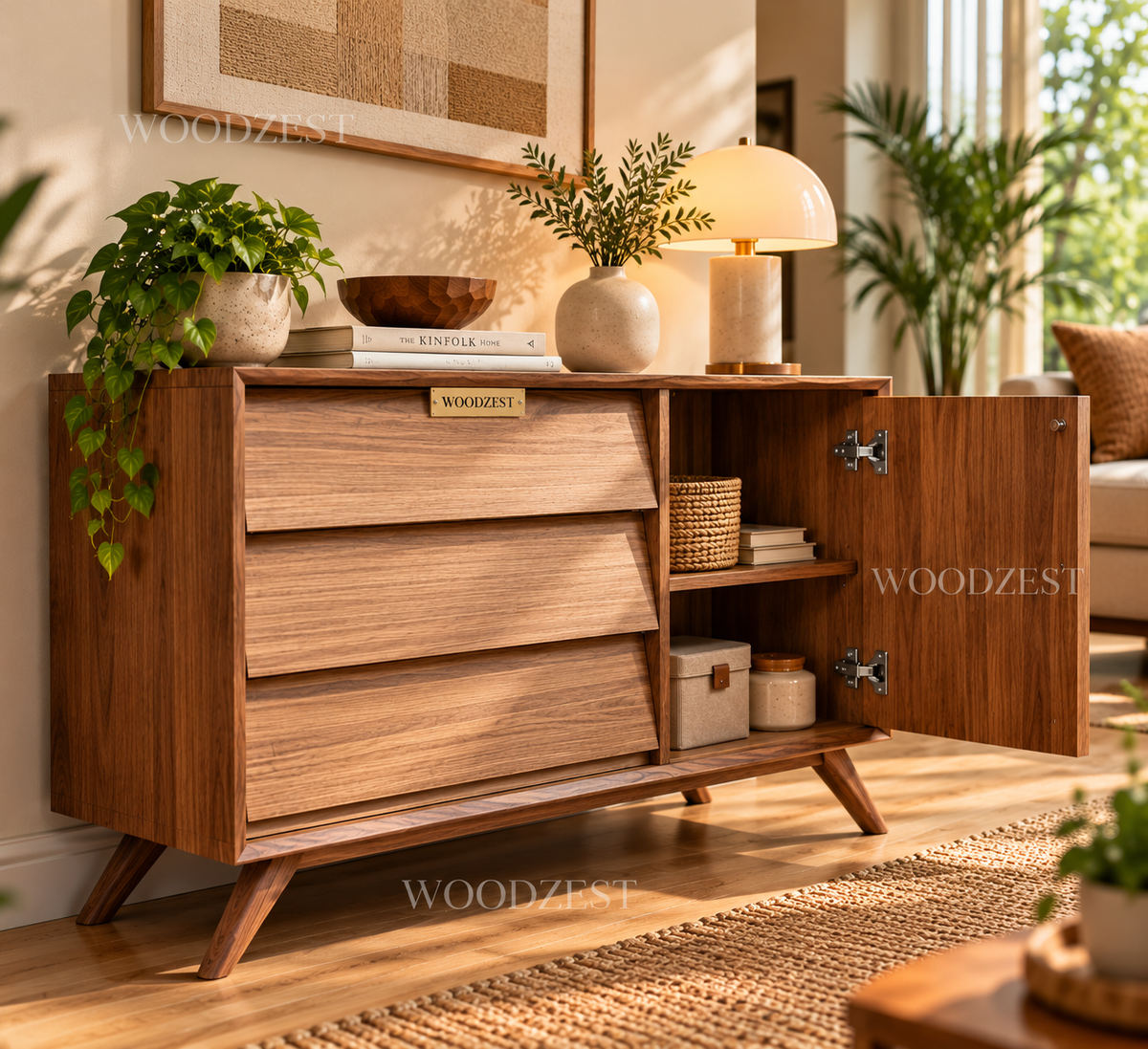 Mid-Century Wooden Sideboard with 3 Drawers & 1 Door