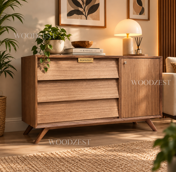Mid-Century Wooden Sideboard with 3 Drawers & 1 Door