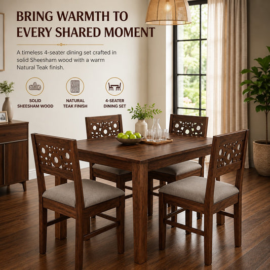 4 Seater Dark Brown Dining Table Set with Carved Back Chairs