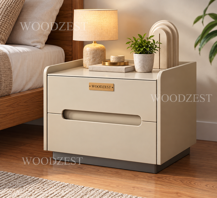Modern Beige 2 Drawer Bedside Table with Recessed Handle