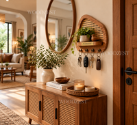 Wooden Cane Key Holder with Shelf & 4 Hooks