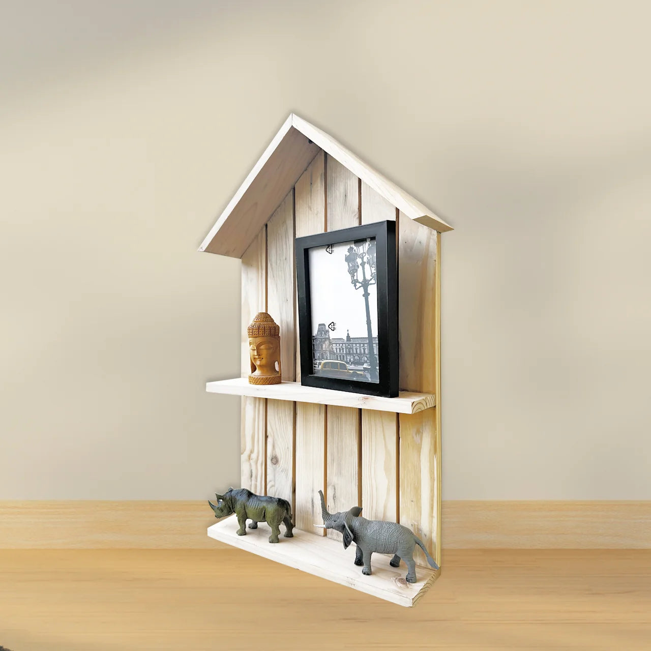 WOODZEST House Shaped Wooden Wall Shelf with 2 Tiers