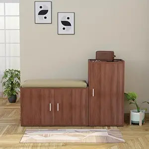 Modern Wooden Shoe Rack with Seat & Storage Cabinet