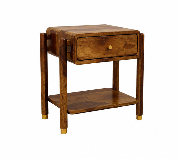 Modern Walnut Wooden Bedside Table – 1 Drawer Nightstand with Open Storage Shelf