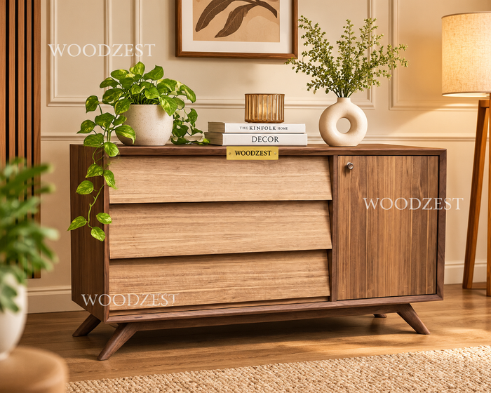 Mid-Century Wooden Sideboard with 3 Drawers & 1 Door