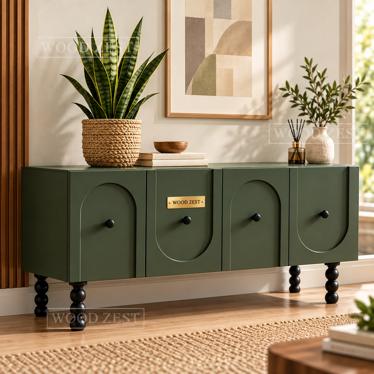 Olive Green 4 Door Wooden Sideboard Cabinet with Arched Design