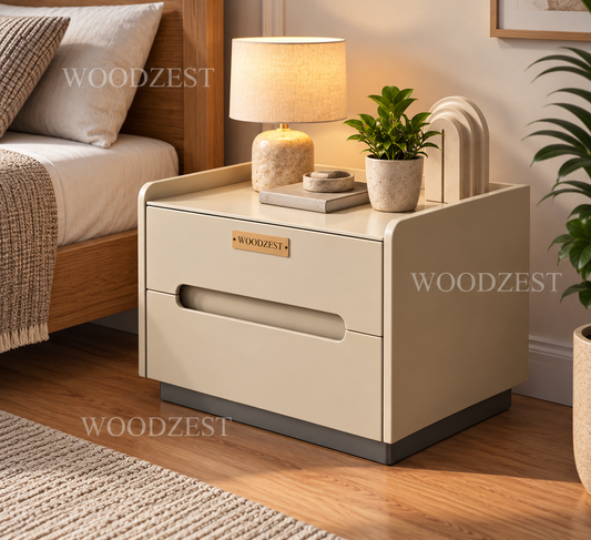 Modern Beige 2 Drawer Bedside Table with Recessed Handle